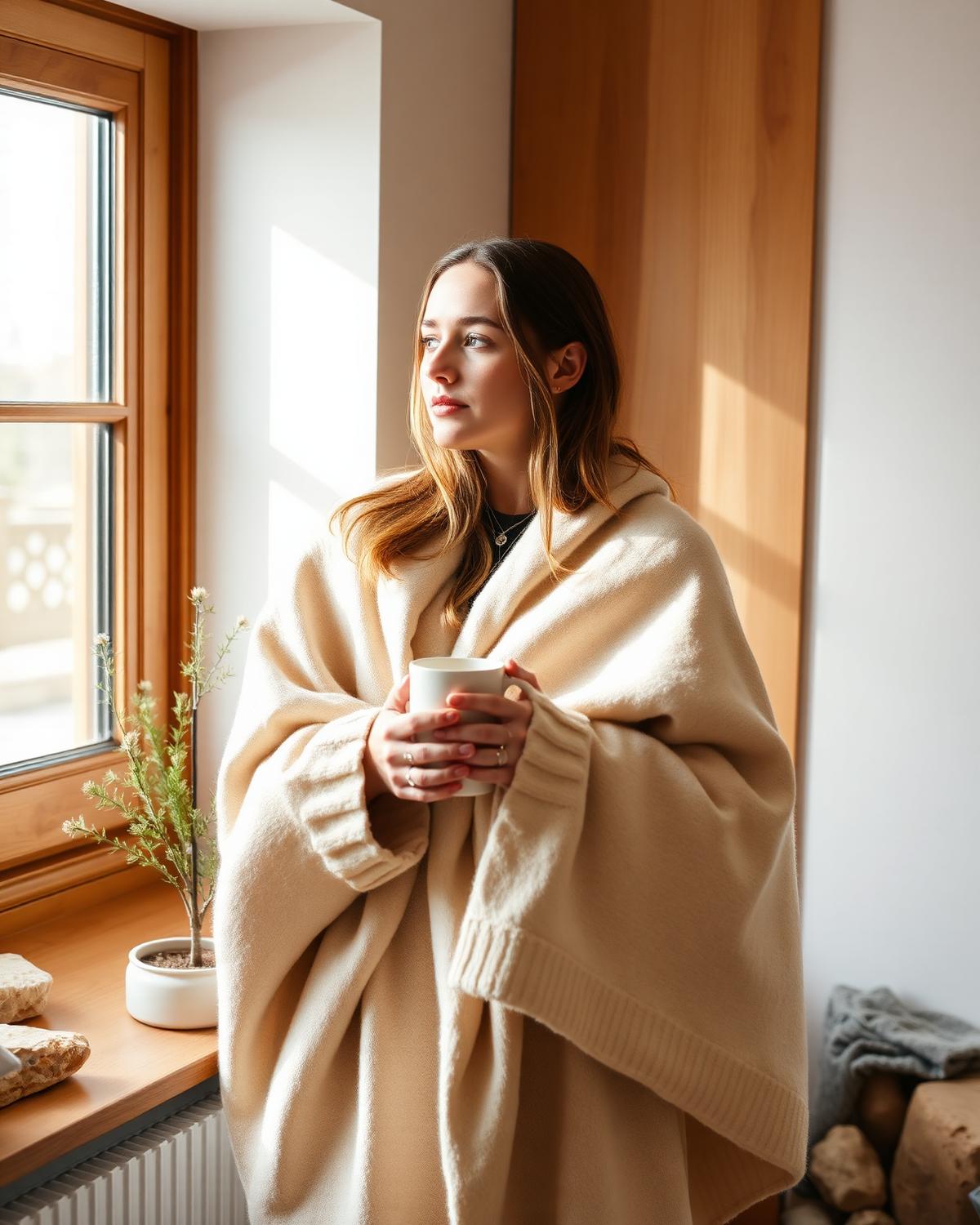 Jeune femme enveloppée dans un plaid, une tasse à la main