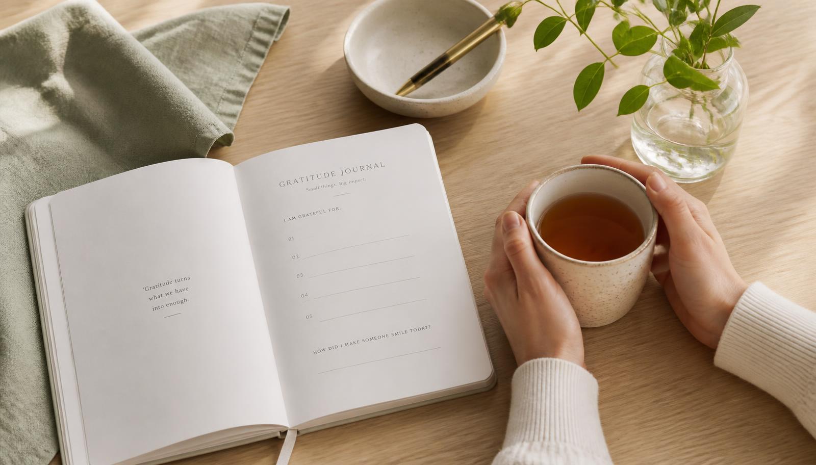 Des mains tenant une tasse de thé chaude à côté d'un journal de gratitude ouvert sur une table en bois clair