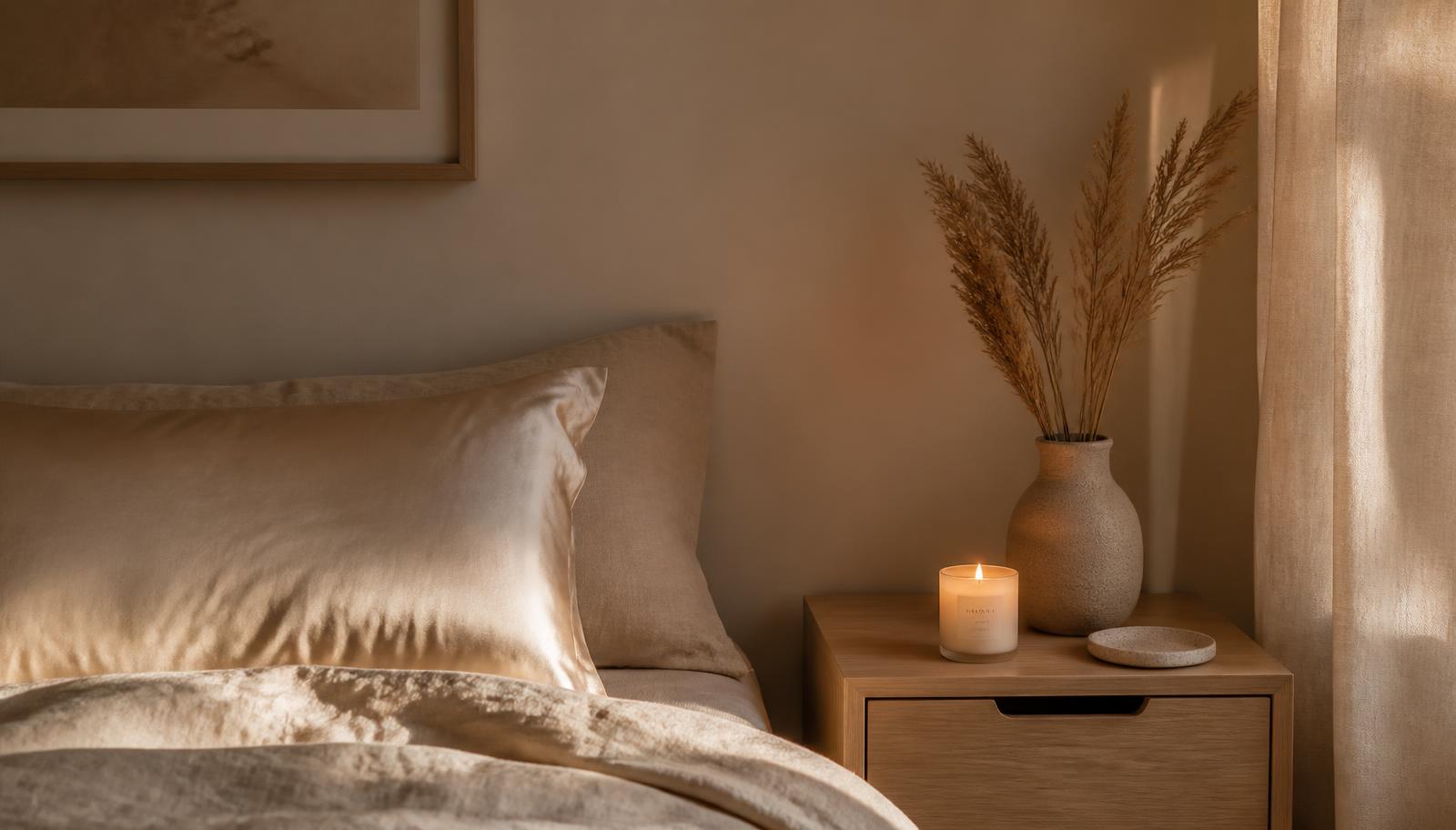 Un coin de chambre douillet en lumière tamisée : literie en lin crème, chandelle allumée et herbes séchées