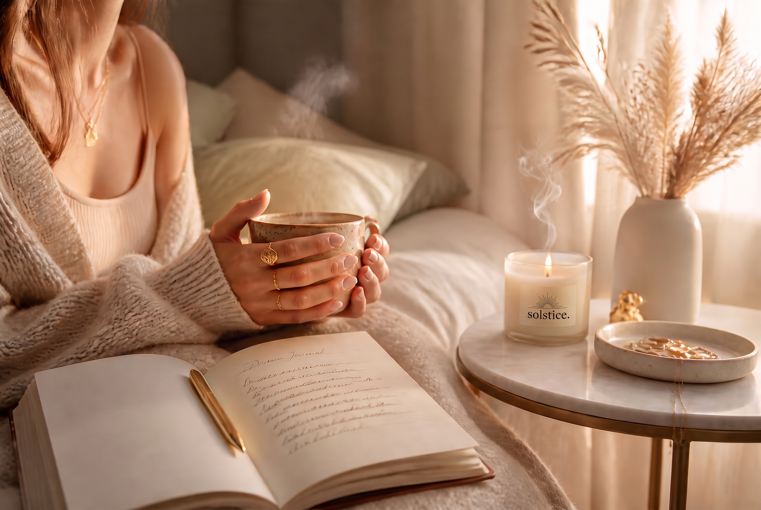 Un moment de détente : mains tenant une tasse près d'un livre ouvert