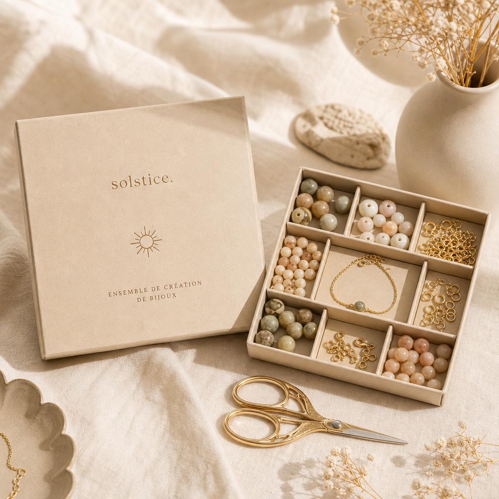 Coffret de création de bijoux solstice avec perles, chaînes et bracelet doré