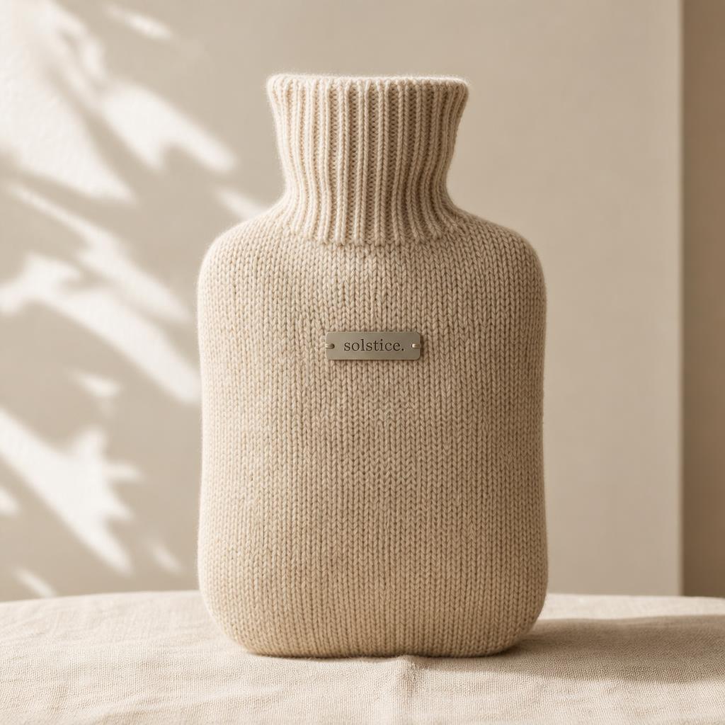 Bouillotte esthétique recouverte d'un tricot beige