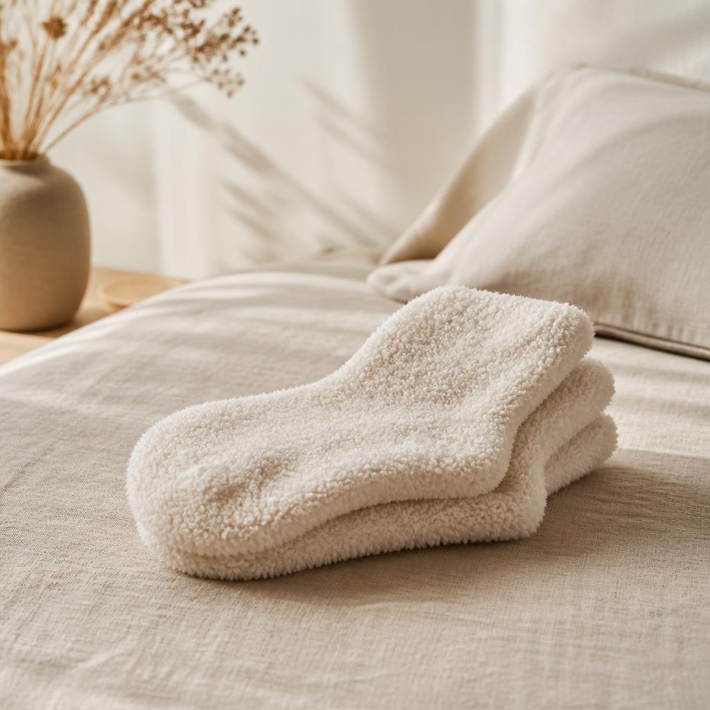 Paire de chaussettes fluffy crème sur un lit en lin
