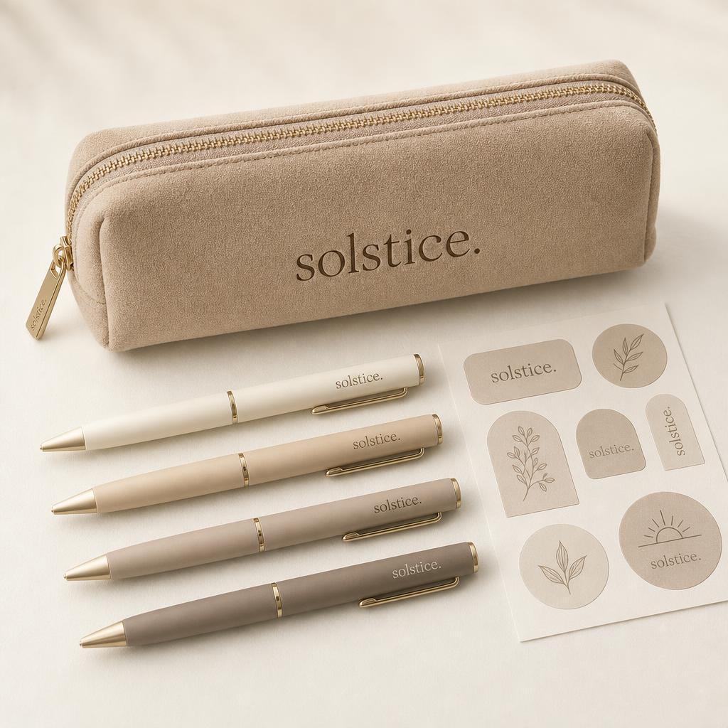 Trousse beige avec stylos et surligneurs coordonnés sur lin crème