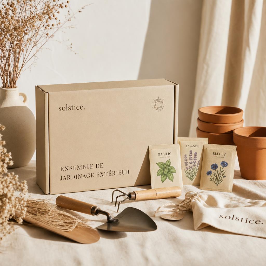 Ensemble de jardinage solstice avec outils, pots terre cuite et sachets de graines