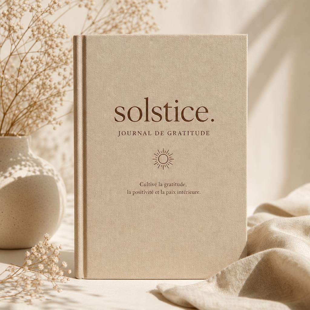 Journal de gratitude en lin beige sur fond crème avec fleurs séchées