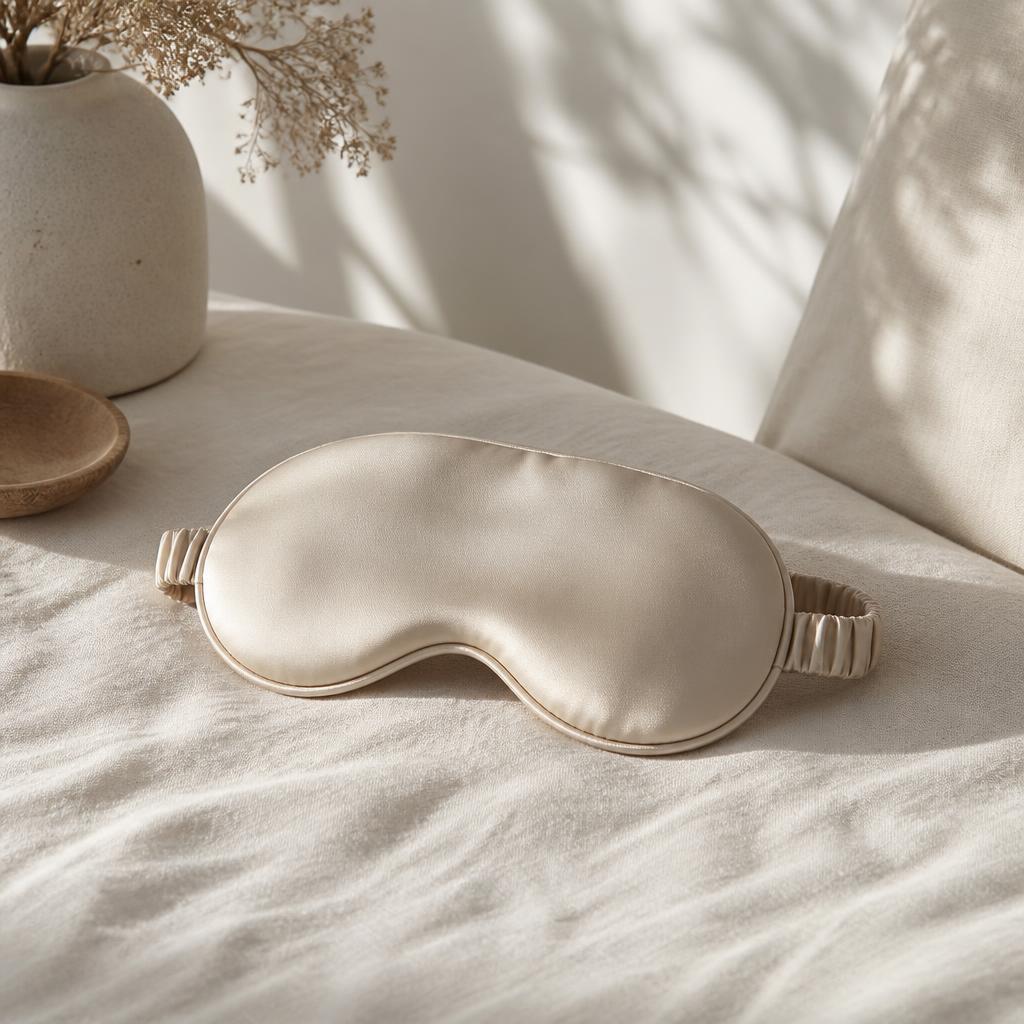 Masque de nuit en satin beige sur un lit en lin