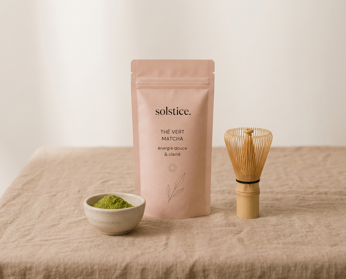 Ensemble matcha avec bol, fouet et poudre sur lin naturel