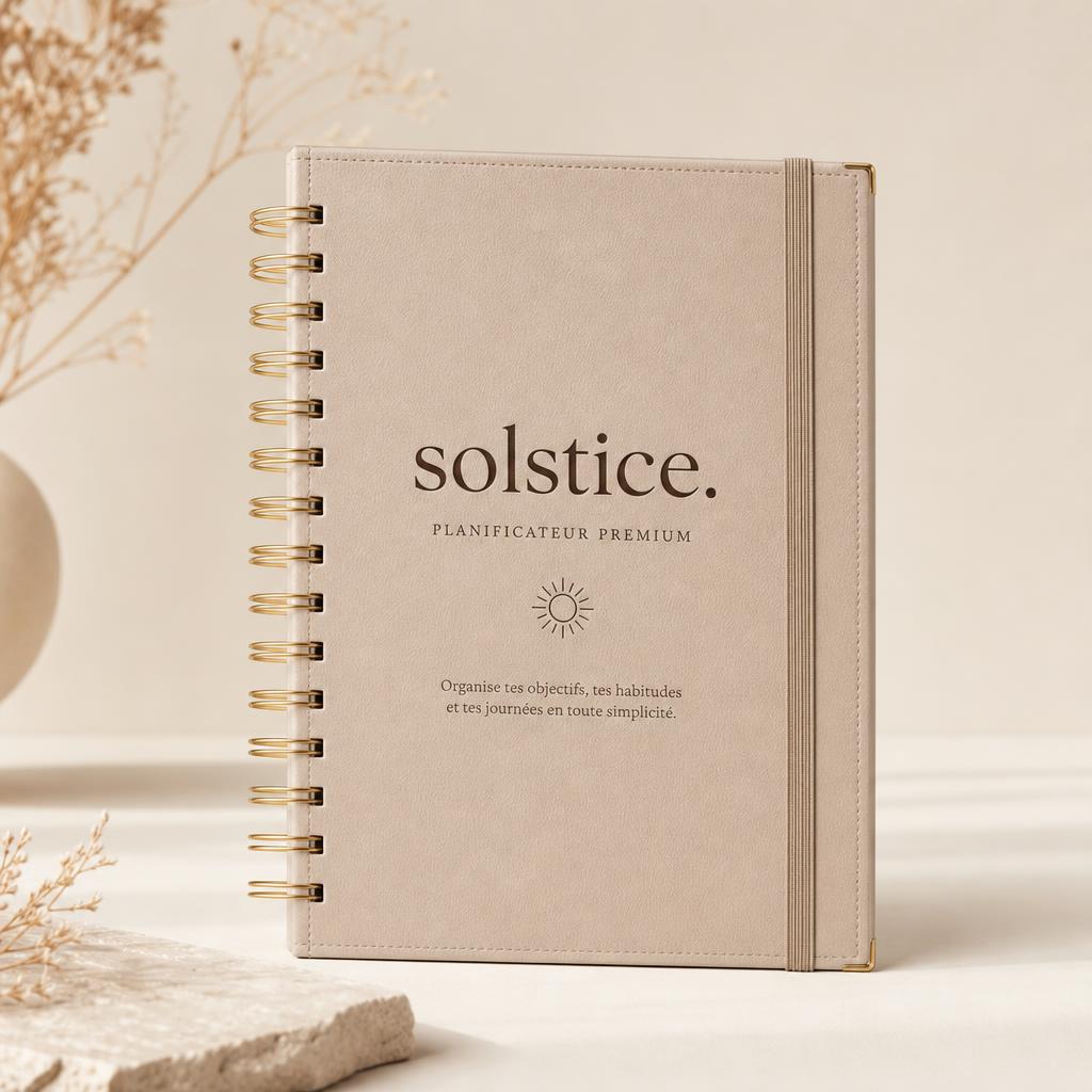 Planificateur à reliure spirale dorée sur fond crème