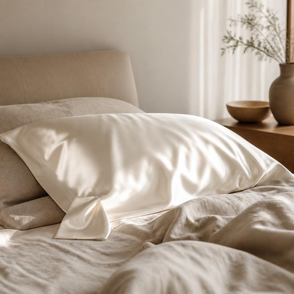 Taie d'oreiller en satin crème sur un lit en lin