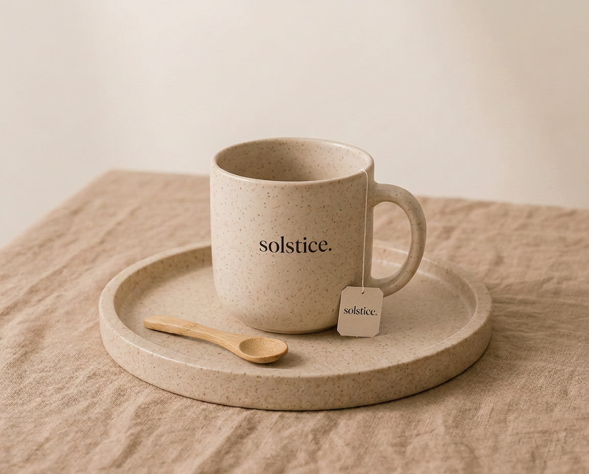 Tasse et sous-tasse en céramique avec cuillère en bambou sur lin naturel