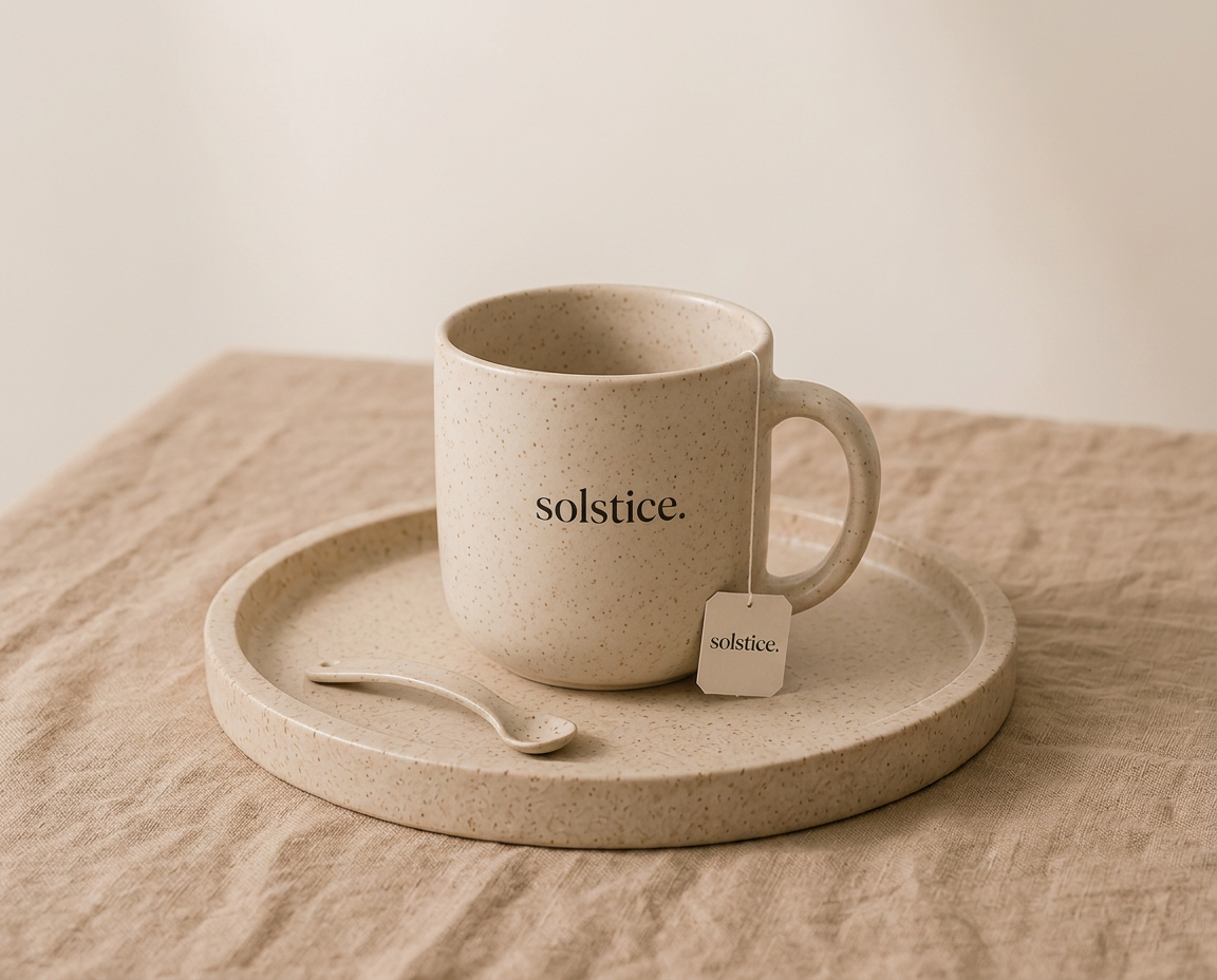 Tasse et sous-tasse en céramique avec cuillère en bambou sur lin naturel