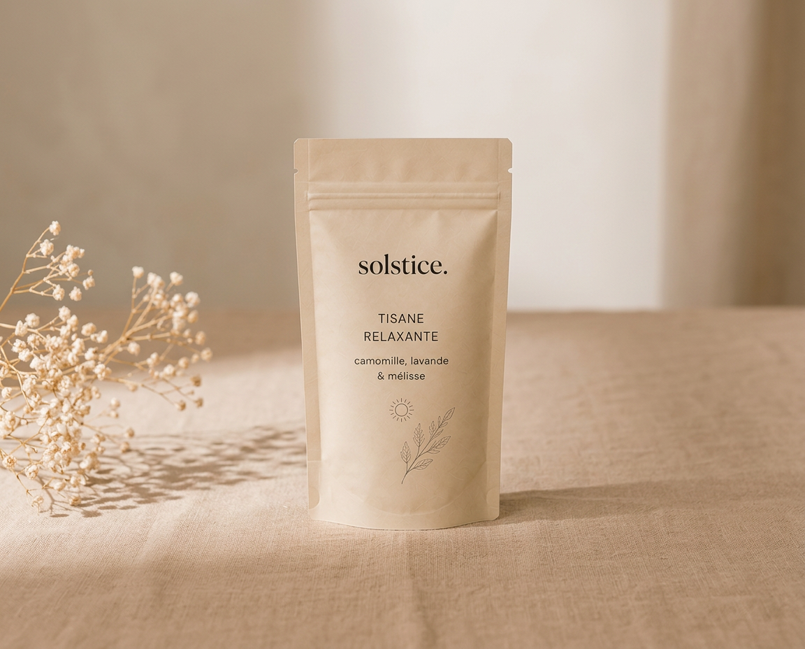 Boîte de tisanes relaxantes, tasse et fleurs séchées sur lin naturel